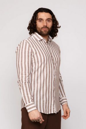 Lord Partenopei Camicia Lino Collo Francese Riga Larga